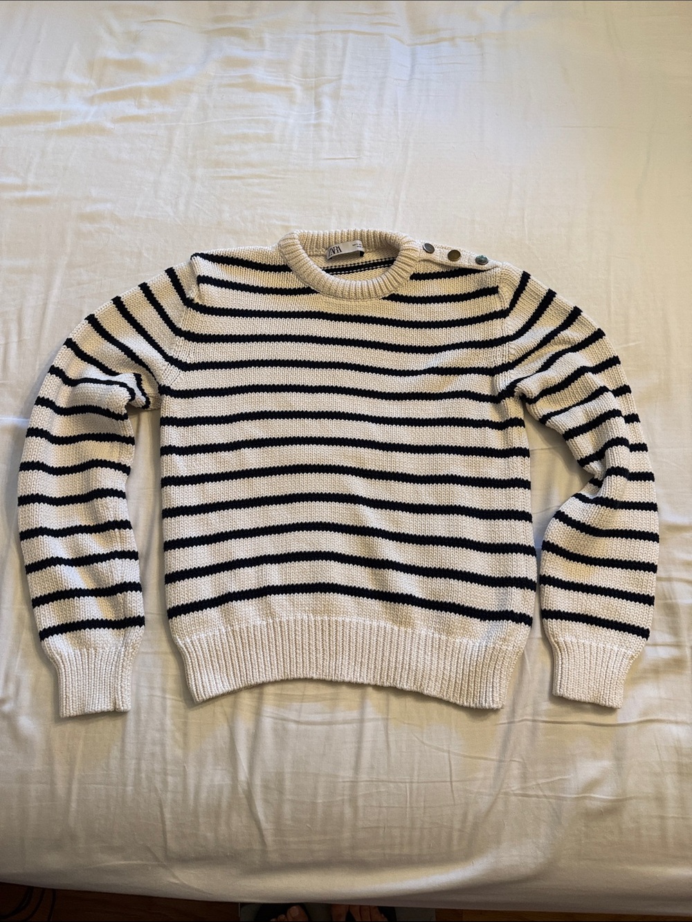 Zara Cream and Black Striped Crewneck Sweater with Shoulder Buttons